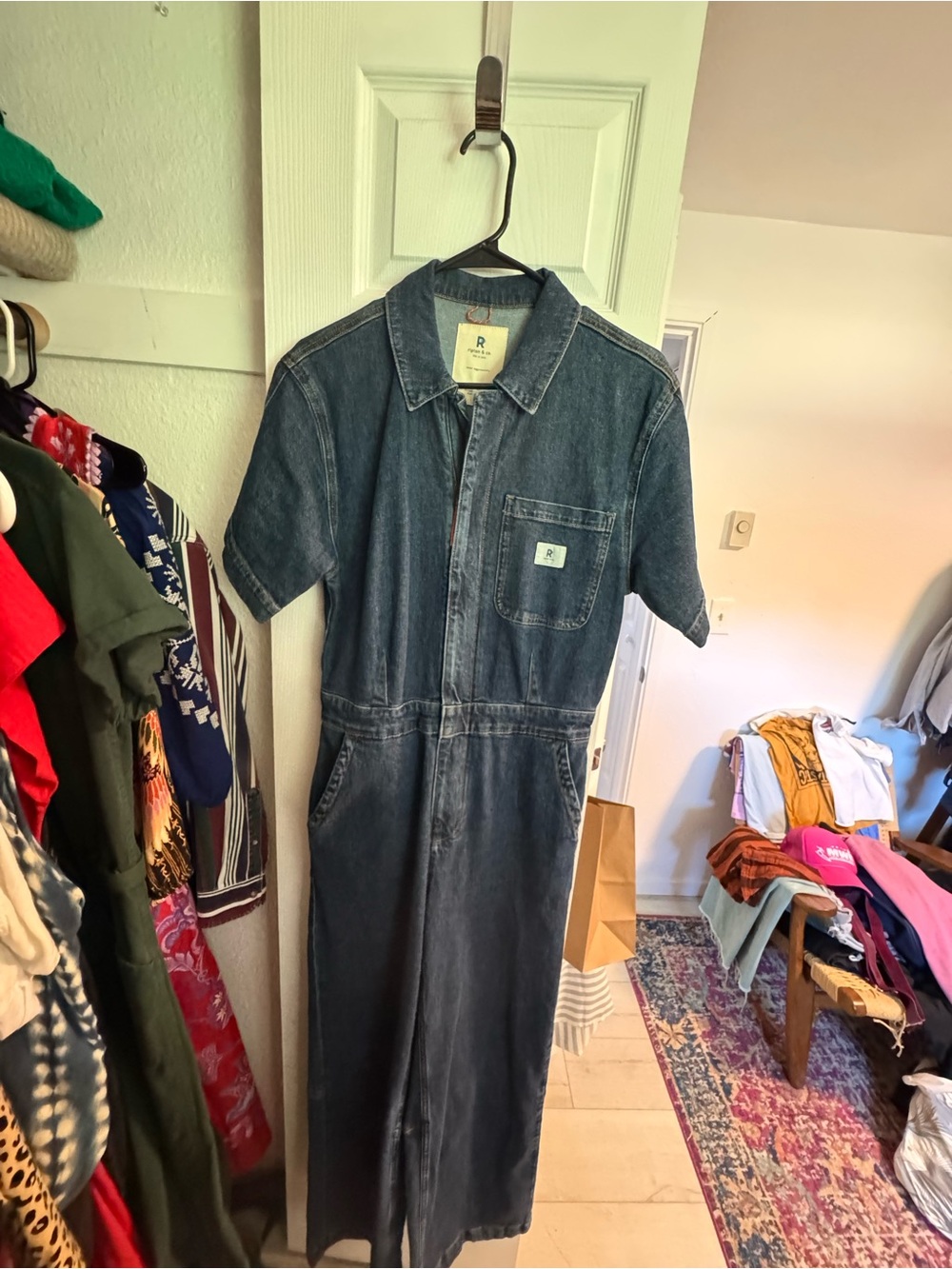 Casual Denim Jumpsuit - Short Sleeve Dark Blue